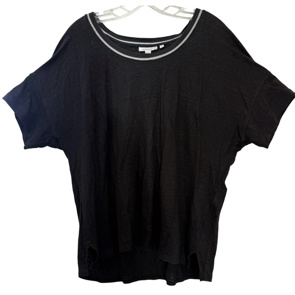 Chicos 100% Linen Tee Shirt Silver Embroidered Neckline Top Size XL Black